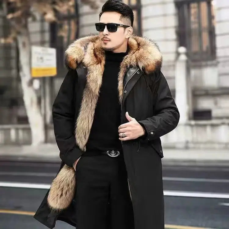 Fur Lined Parkas Men Faux Fur Coat Big Size Hooded Warm Long Fox Fur Coat Snowsuit High Quality Men Clothing Zipper Long Sleeve