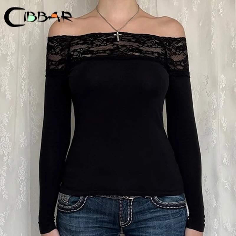 CIBBAR Black Lace Stitched Slash Neck Crop Top Elegant Sexy Skinny