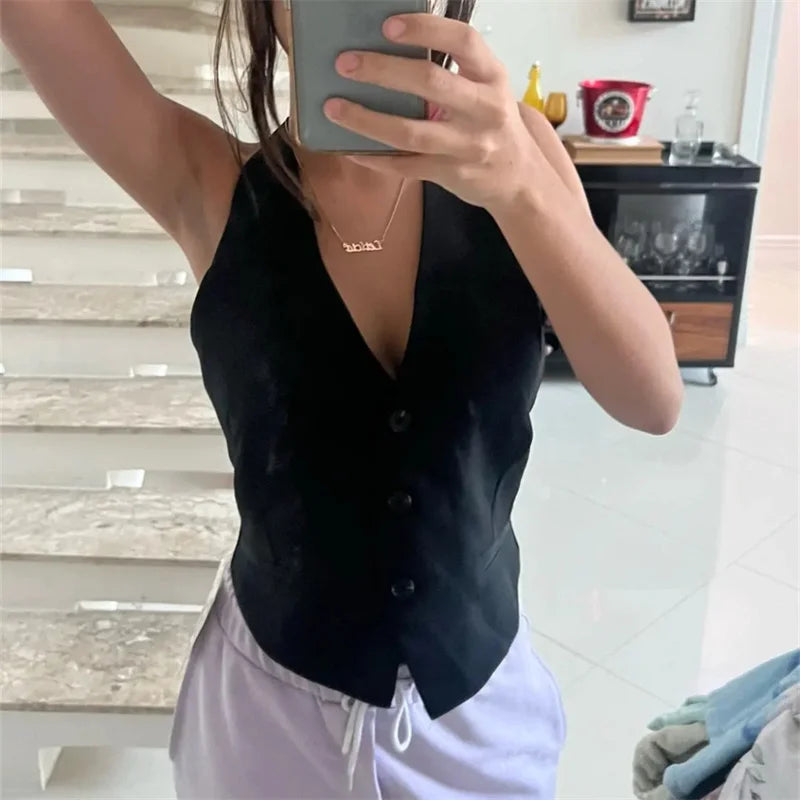 TRAF Off Shoulder Sleeveless Vest Women Black White Cropped Vest Woman