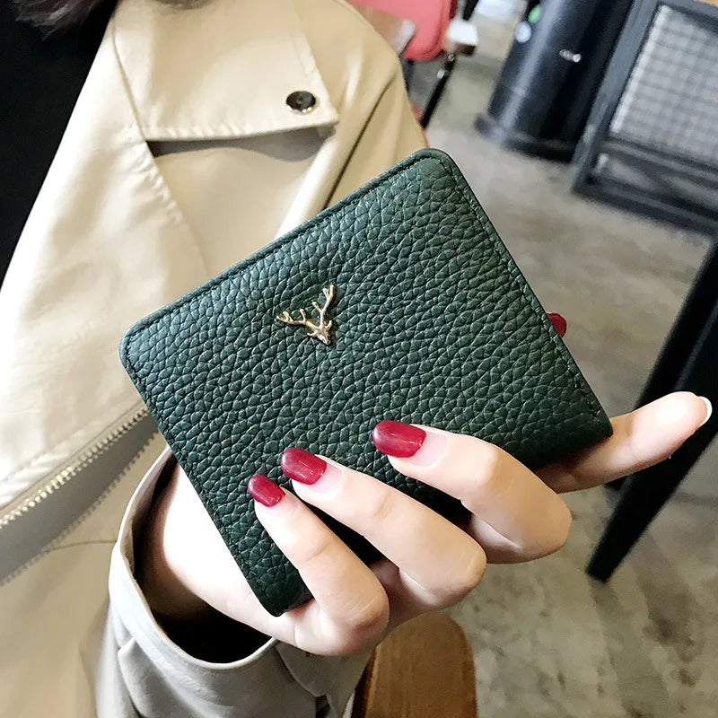 Cowhide Women's Purses Short Thin Small Wallet Chic Christmas Deer Button Ladies Genuine Leather Card Holder Wallet Coin Purse