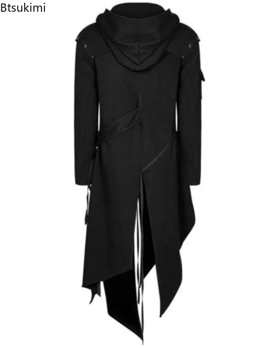 New 2024 Men's Punk Style Irregular Trench Coats Black Gothic Long