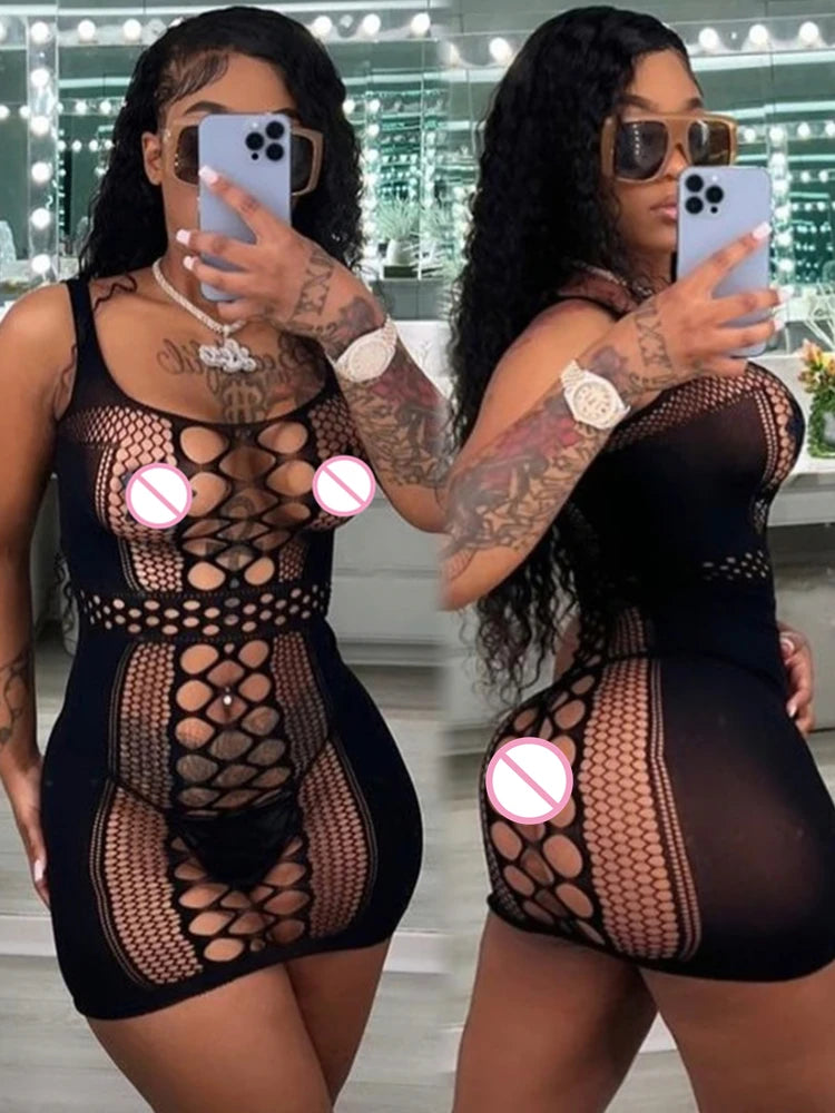 Women's Night Club Erotic Costumes Perspective Fishnet Short Net Skirt Ladies Sexy Mesh Hollow See Through Bodycon Short Dress