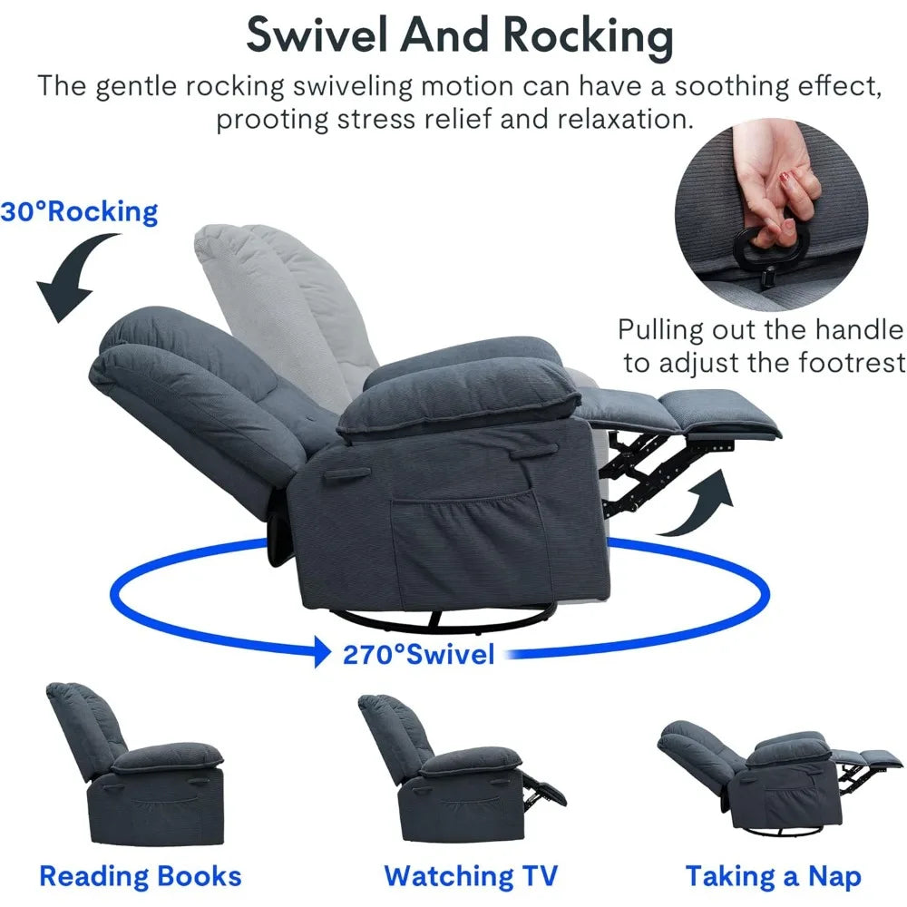 Swivel Rocker Recliner Chair for Adults -Massage Reclining Chair w/Heat & Vibration,270° Swivel Manual Rocking Chair Single Sofa