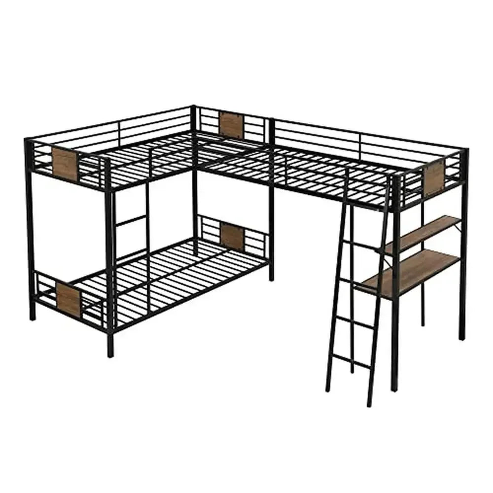 Triple Bunk Bed with Desk and Shelf Metal L-Shaped Twin Over Twin Loft Bed Space Saving Design Guardrail Safety Easy Assembly