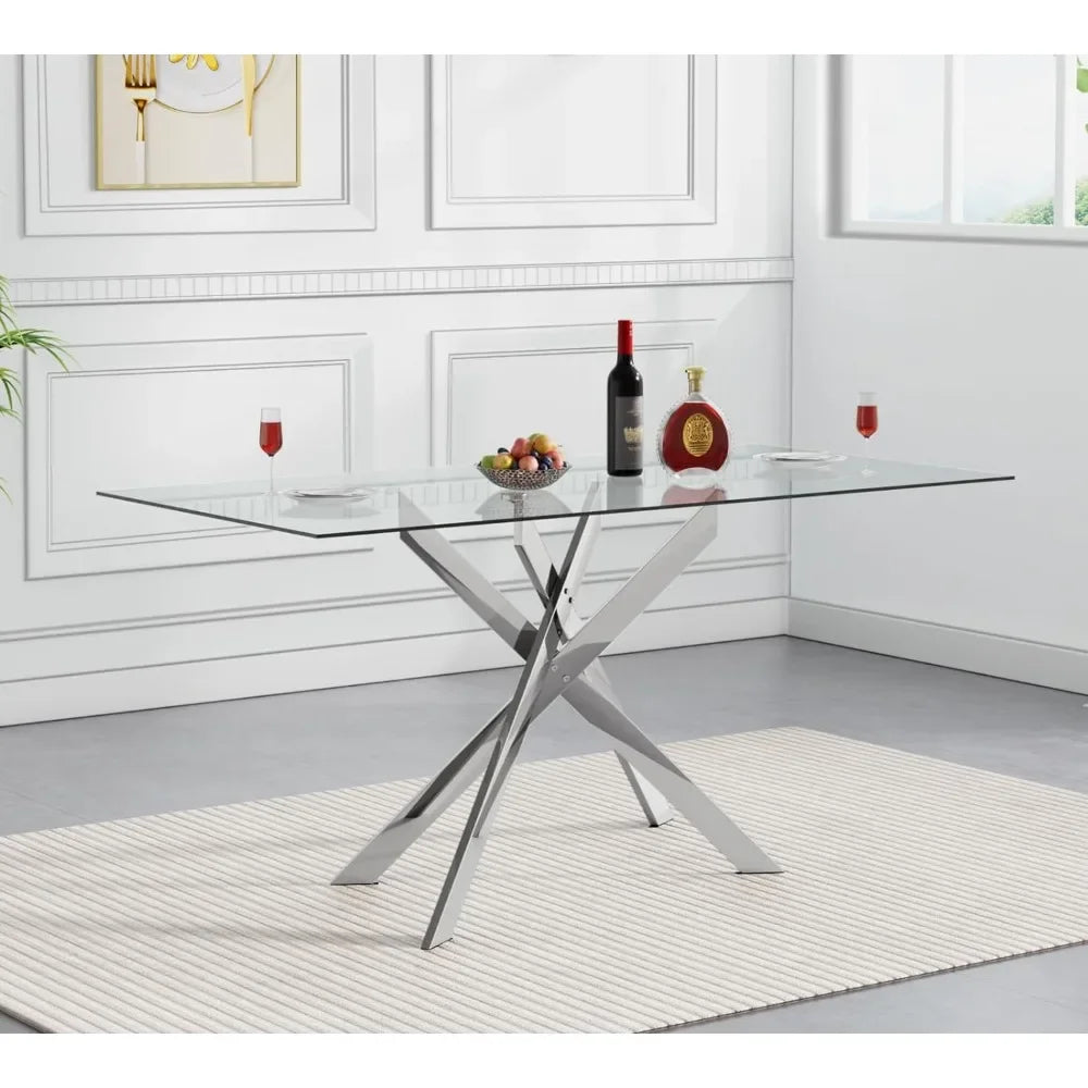 Glass Dining Table Modern Kitchen Glass Top Tables for 4 with Chrome Plated Metal Legs,51"Rectangular Dining Table Kitchen Table