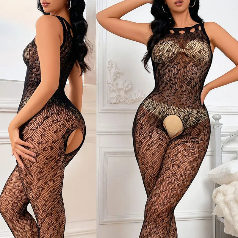 Sexy Leopard Bodystockings Women Sexy Lingerie Black Fishnet Bodysuit Fancy Roleplay Underwear Fashion Leopard Print Clothes New