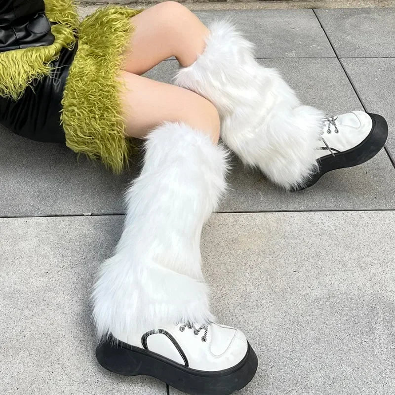 1/2pcs Furry Leg Warmers Y2K Goth White Faux Fur Leg Warmers Boot Covers Lady Cute Jk Knee-length Hipster Warm Sock Trendy Socks