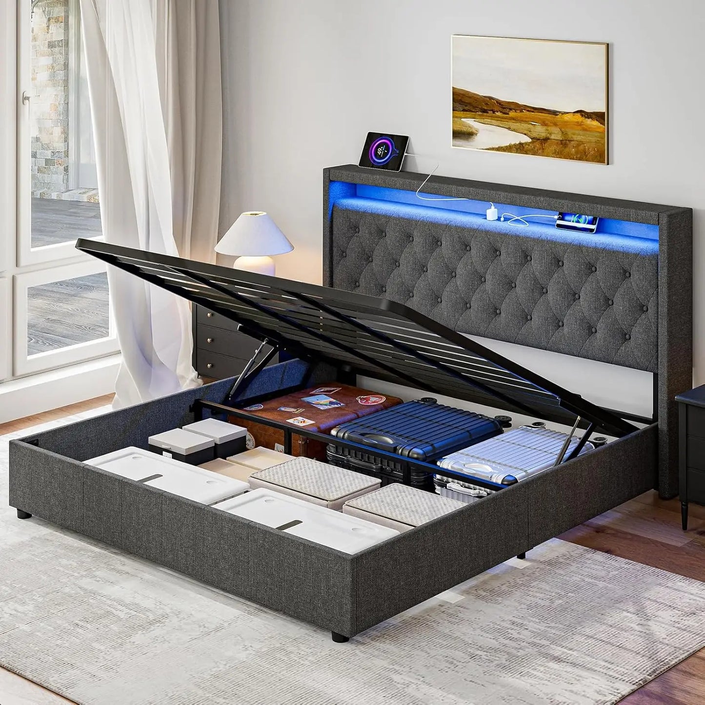 King Lift Up Storage Bed Frame, Upholstered Tufted Headboard, Hydraulic Storage/LED Lights/Charging Station, Platform BedFrame