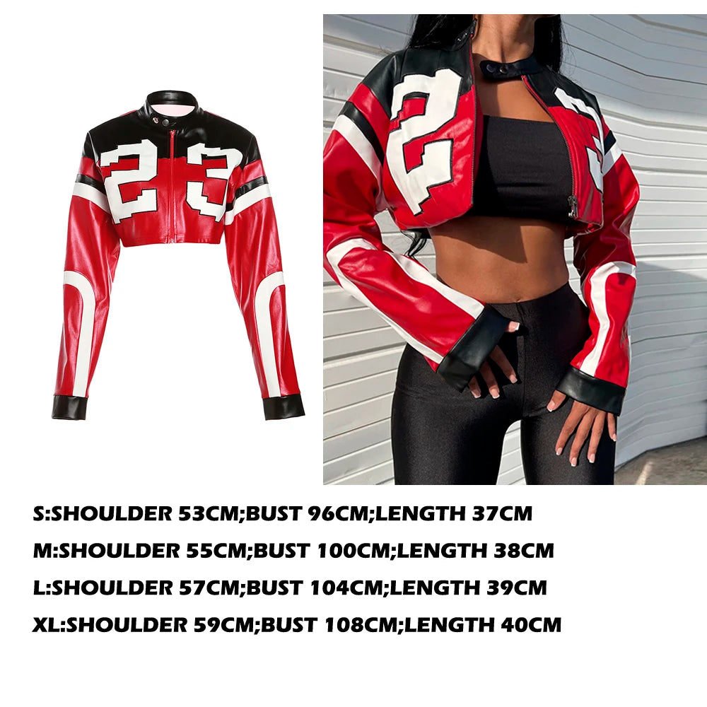 Sexy Moto Cropped PU Leather Jackets for Women 2025 Spring Fashion Striped Contrast Long Sleeve Asymmetric Short Coat Y2K Female