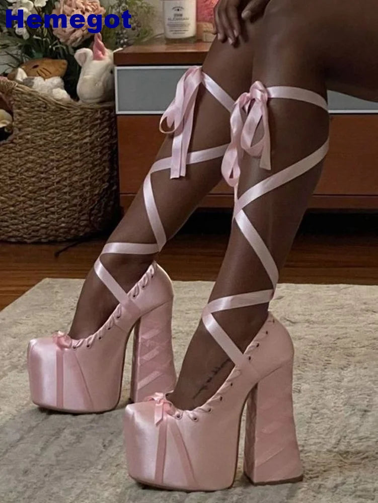 Platform Satin Bow Sweet Girl Sandals Summer Round Toe Lace Thick High Heels Ins Style Lolita Dance Solid Color Party Sandals