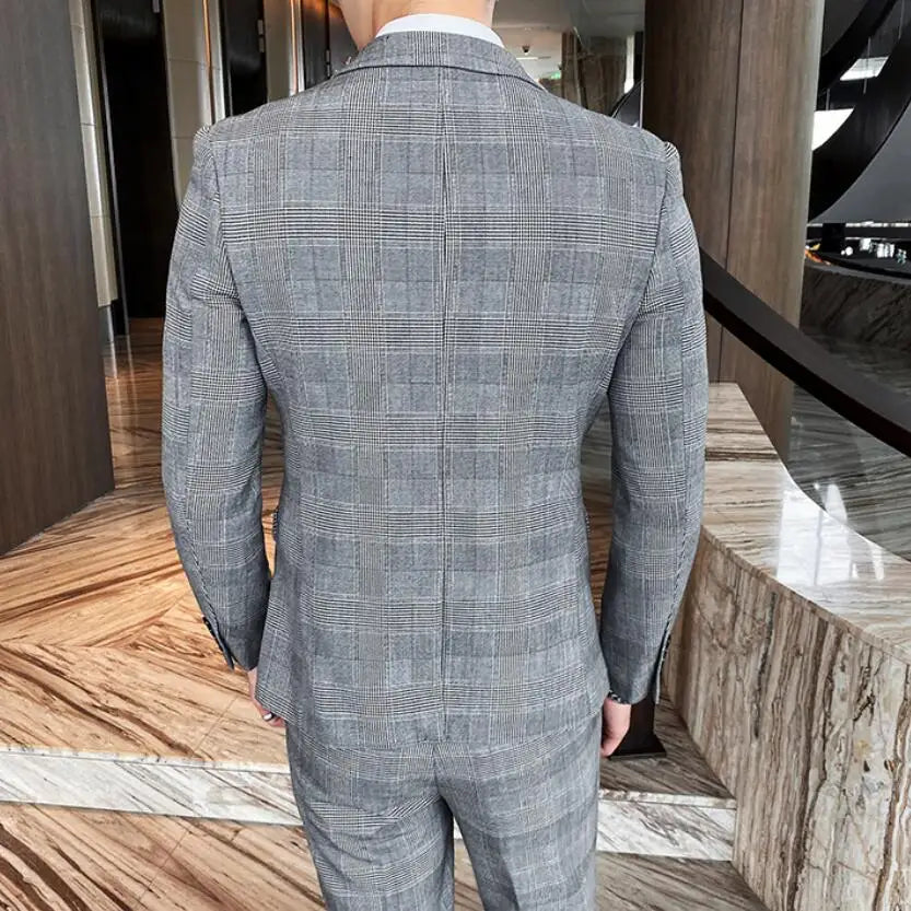 (Jacket+Vest+Pants) Men's Groom Wedding Dress Plaid Formal Suits Set Men Fashion Casual Business Suit Three-piece Blazers S-4XL