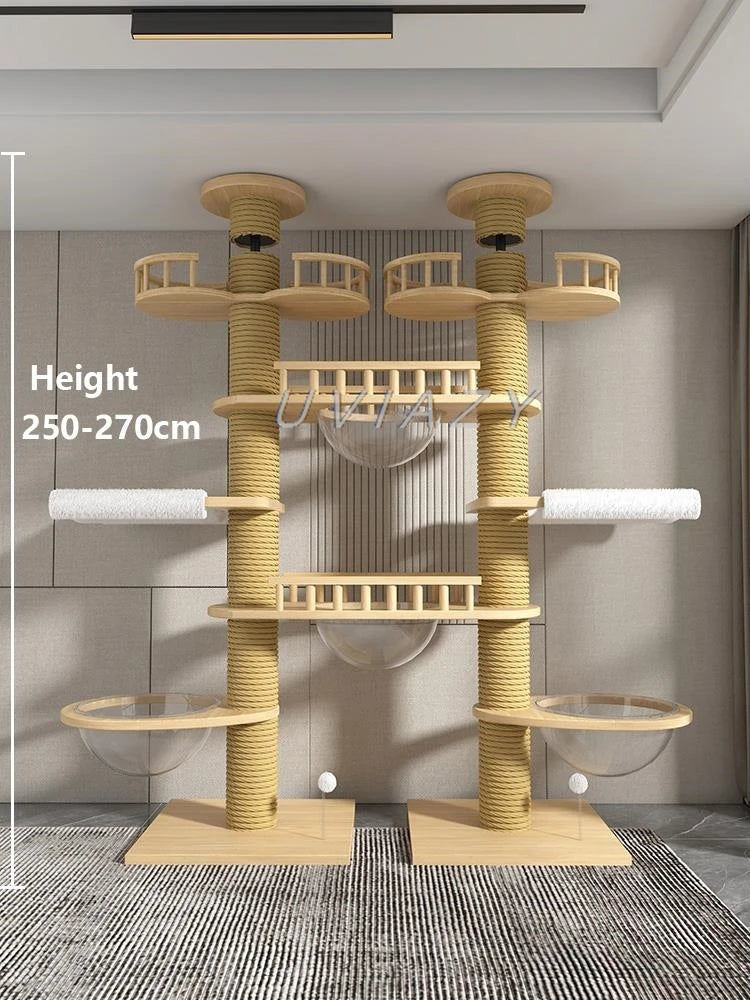 Floor-to-Ceiling Double Column Multi-layer Cat Tree Cat Climbing Tower with Natural Sisal Rope Scratching Post Tall ClimbingTree