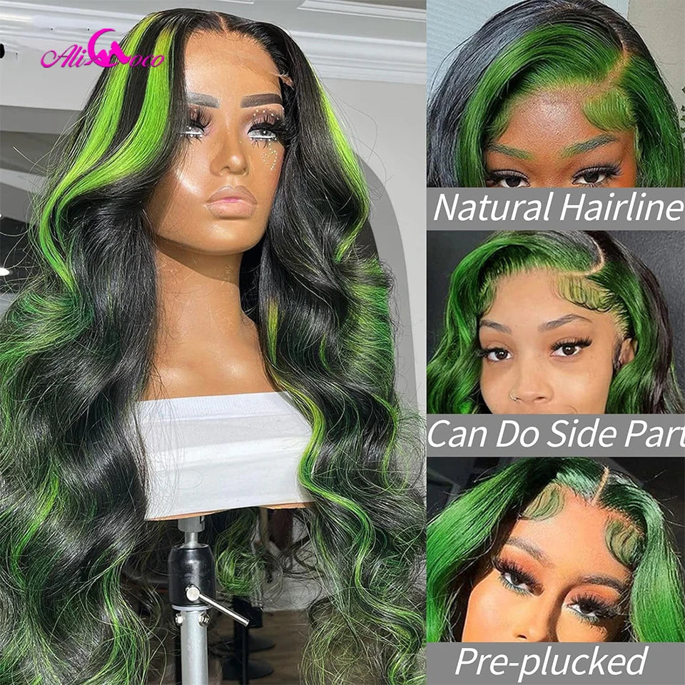 Highlight Green Lace Front Human Hair Wig Green Body Wave Lace Front Wig For Women Black and Green Highlight Wig 150% Density