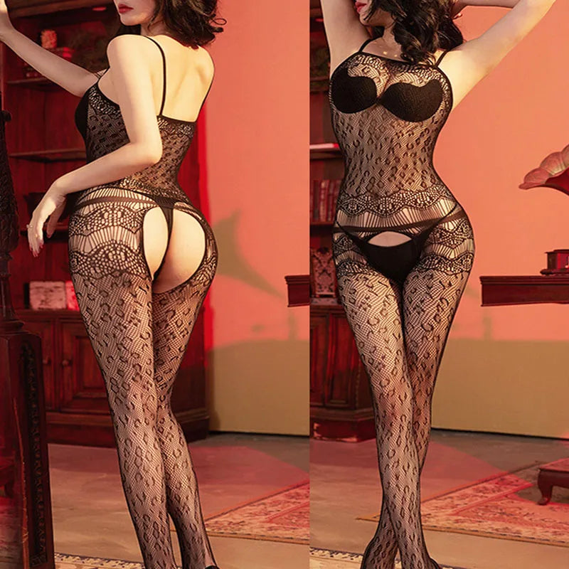 Sexy Leopard Bodystockings Women Sexy Lingerie Black Fishnet Bodysuit Fancy Roleplay Underwear Fashion Leopard Print Clothes New