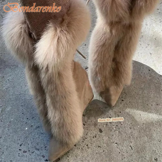 Fur Suede Wedges Boots Pointy Toe Solid Mid Calf Lace Up Straps Boots Women Sexu Shoes Winter Party Designer New Style Fashion