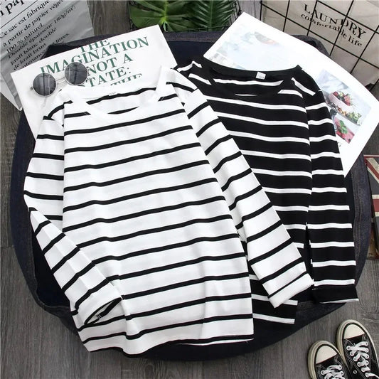 1PC Spring and Autumn Winter Black Striped Top with Foreign Style Ins