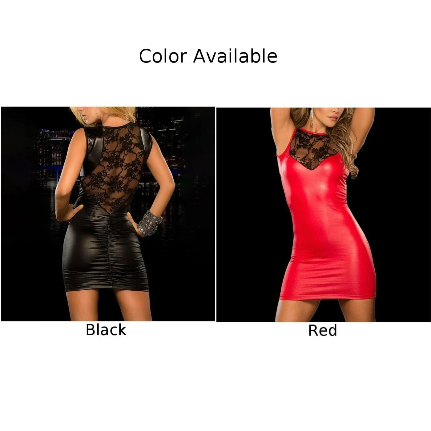 Sexy Womens Wet Look Short Dress Pu Leather Lace Bodycon Mini Dress Tight Fitting Night Party Club Wear Sensual Temptation