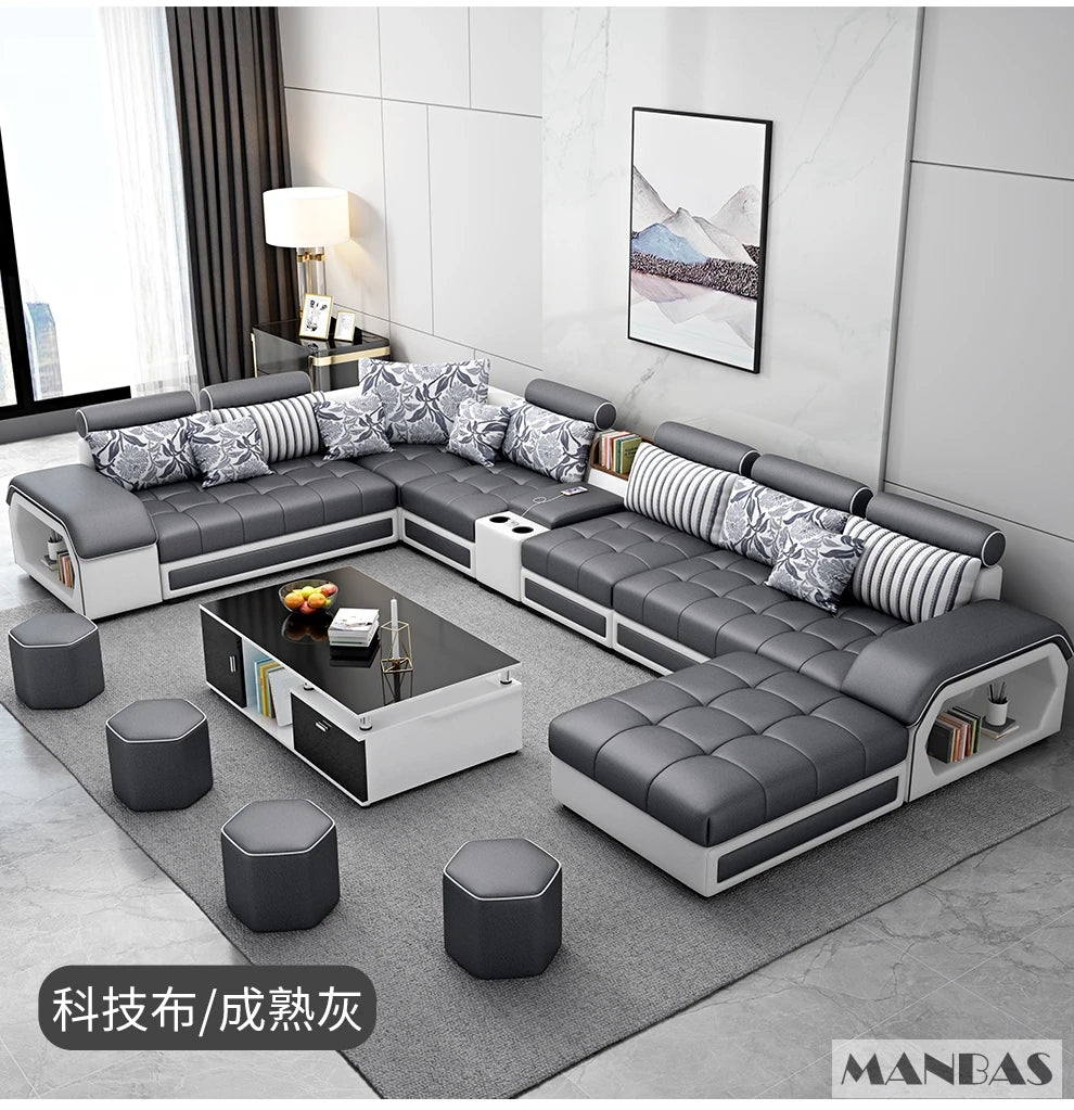 Linlamim Fabric Sofa Set Furniture Living Room Sofa Set with USB and Stools / Big U Shape Cloth Couch Sofas for Home Furniture