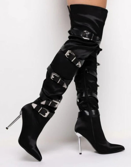 Over The Knee Stiletto Fashion Women Shoes Black Pointed Toe Belt Buckle Boots