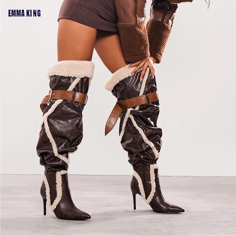 Fashion Brown Thigh High Boots Women's Sexy Over The Knee Leather Belt Buckles Boots Women Shoes New Winter Warm Stiletto Boots