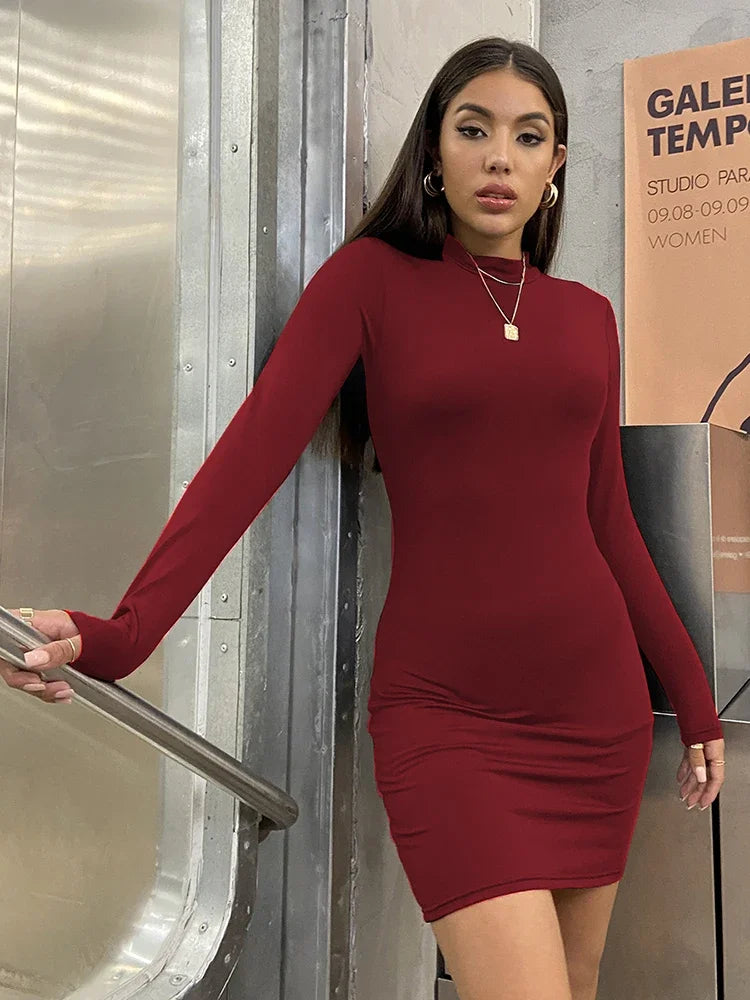 Long Sleeve Slim Bodycon Mini Dress Women Turtleneck Pleated Party