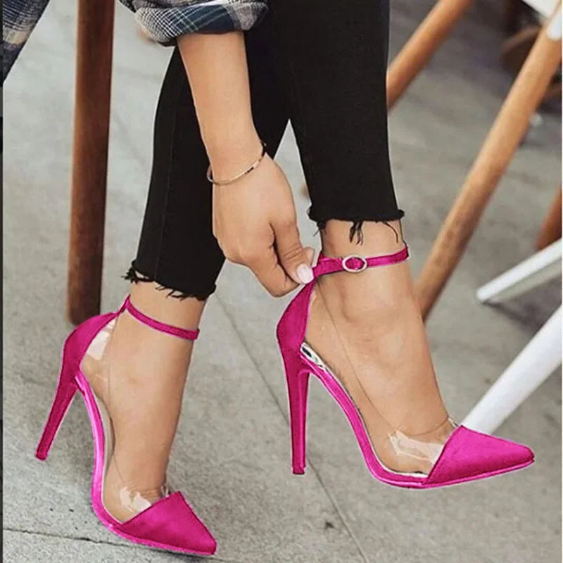 New Women's High Heel pumps Pointed Transparent Belt Buckle Ladies Single Shoes Dress Shoes Rose Red Pink Black Color 35 - 43