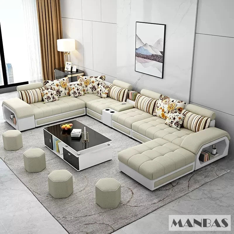 Linlamim Fabric Sofa Set Furniture Living Room Sofa Set with USB and Stools / Big U Shape Cloth Couch Sofas for Home Furniture