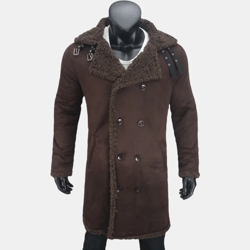 Winter Men's Long Trench Fleece Coat Suede Faux Fur Coats Men Double