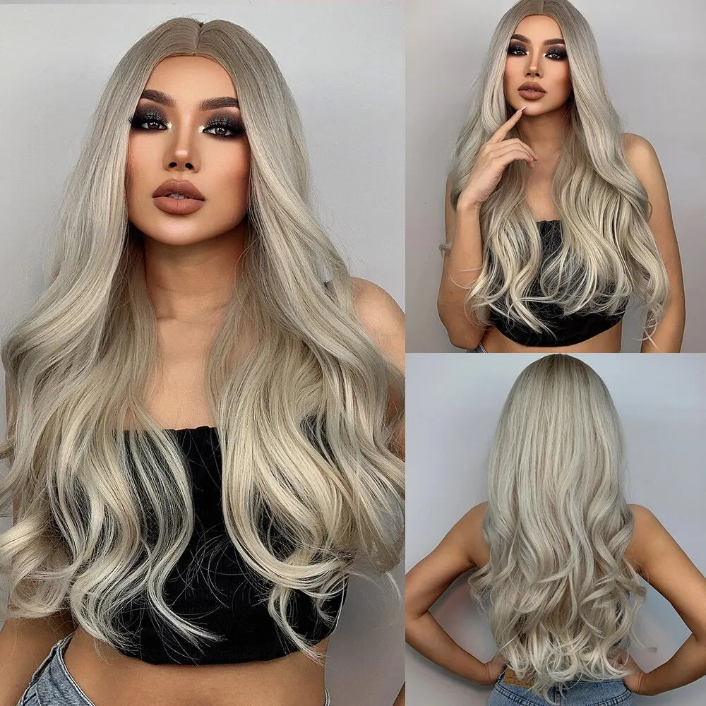 Purple Long Wavy Synthetic Wigs with Grey Ombre Natural Hair Wigs Middle Part for Women Cosplay Wigs Heat Resistant Fiber