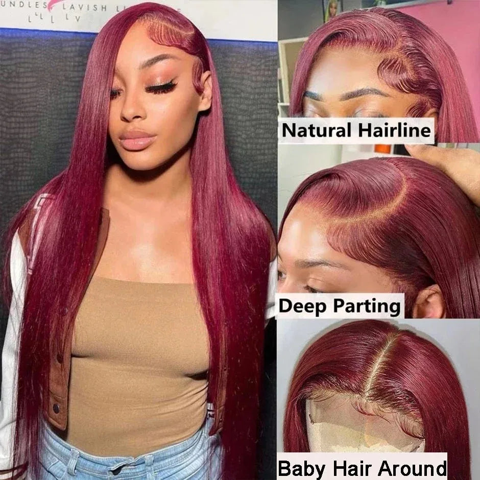 13x4 Transparent Lace Front Human Hair 30 40 Inch 99j burgundy Straight 13x6 Lace Frontal Wig Brazilian For Black Women