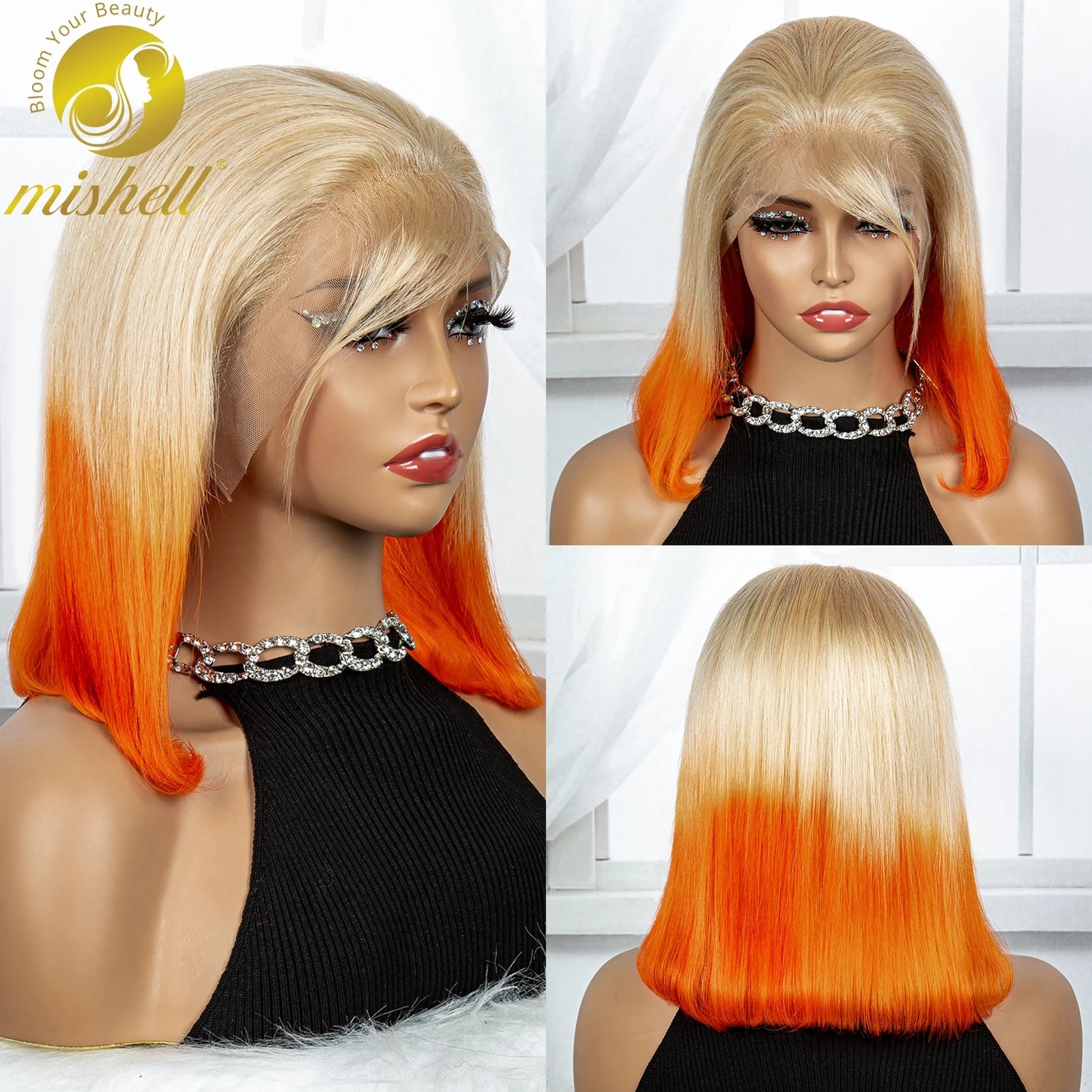 200% Density Blonde Orange Color 13x4  Transparent Lace Frontal Wigs Short Straight Bob Wigs Remy Human Hair Wig For Black Women