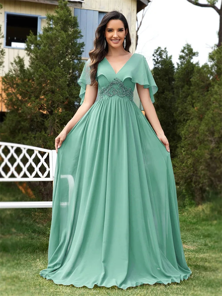 Lucyinlove Elegant Chiffon Short sleeve Formal Evening Dresses Long 2024 Luxury Women Bridesmaid Party Dress Cocktail Prom Gowns