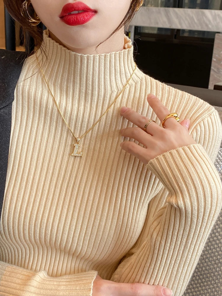 Elegant Solid Basic Knitted Tops Women Turtlneck Sweater Long Sleeve