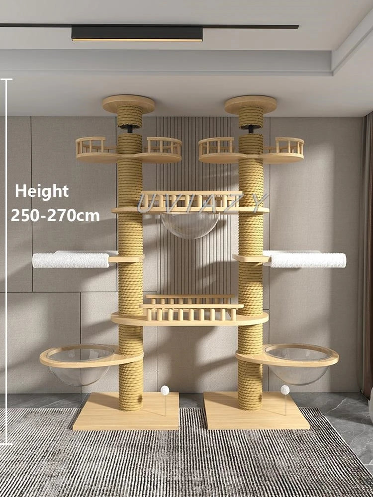 Floor-to-Ceiling Double Column Multi-layer Cat Tree Cat Climbing Tower with Natural Sisal Rope Scratching Post Tall ClimbingTree