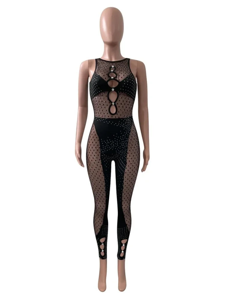 Wmstar  Women Party Jumpsuit Black Sexy Hollow Tight Hot Diamond Mesh Milk Silk Splicing Jumpsuit Wholesale Dropshipping 2024