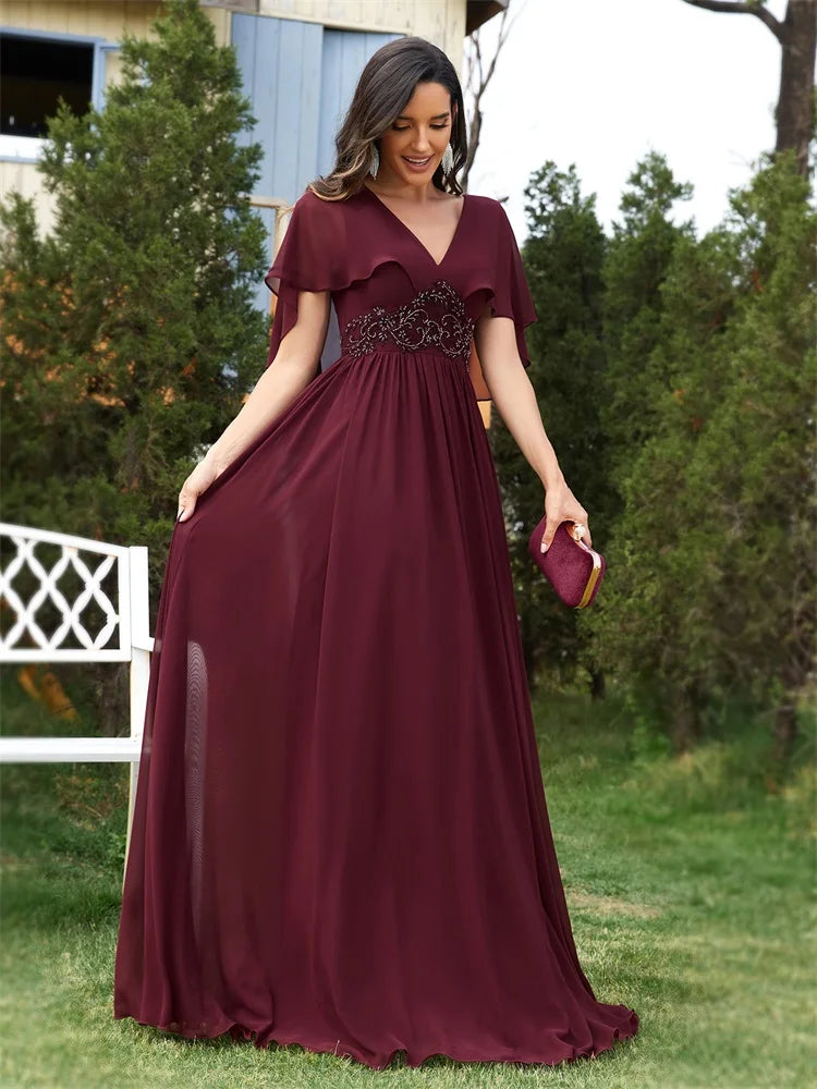 Lucyinlove Elegant Chiffon Short sleeve Formal Evening Dresses Long 2024 Luxury Women Bridesmaid Party Dress Cocktail Prom Gowns