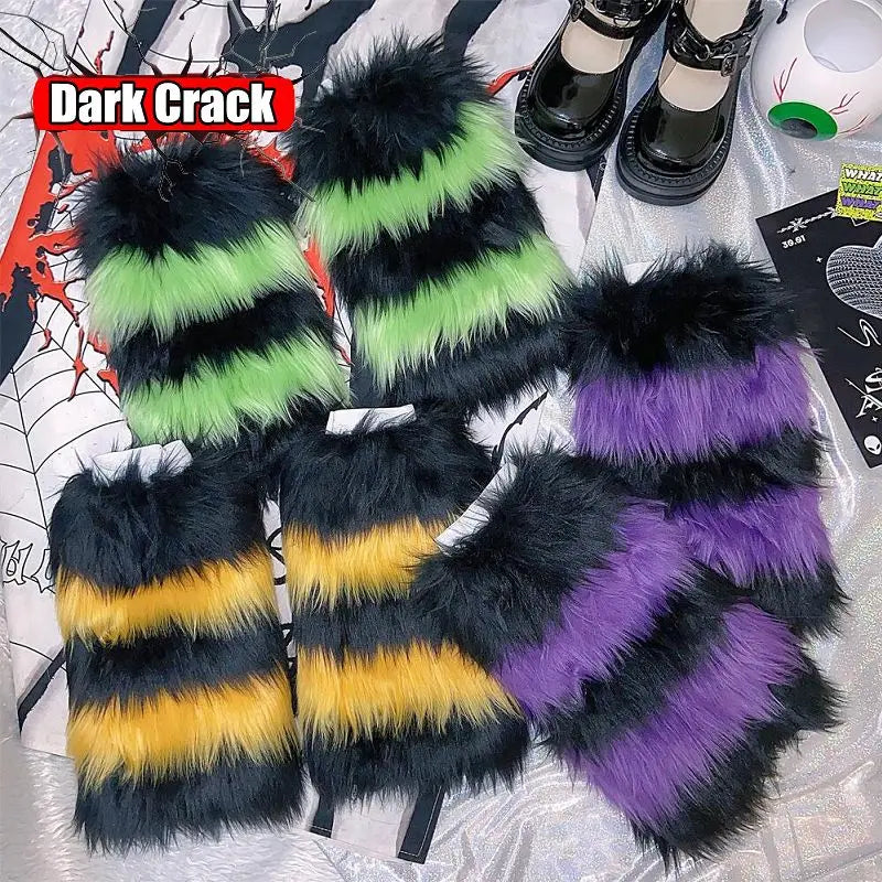 Gothic Women's Y2k Harajuku Punk Lolita Girls Subcultural Striped Contrasting Fur Insulation Faux Furry Socks Legs Warms covers