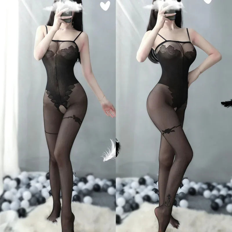 New Sexy Lace Lingerie Women's Transparent Catsuit Open Crotch Body Stockings For Sex Sling Halter Backless Teddies Bodysuits