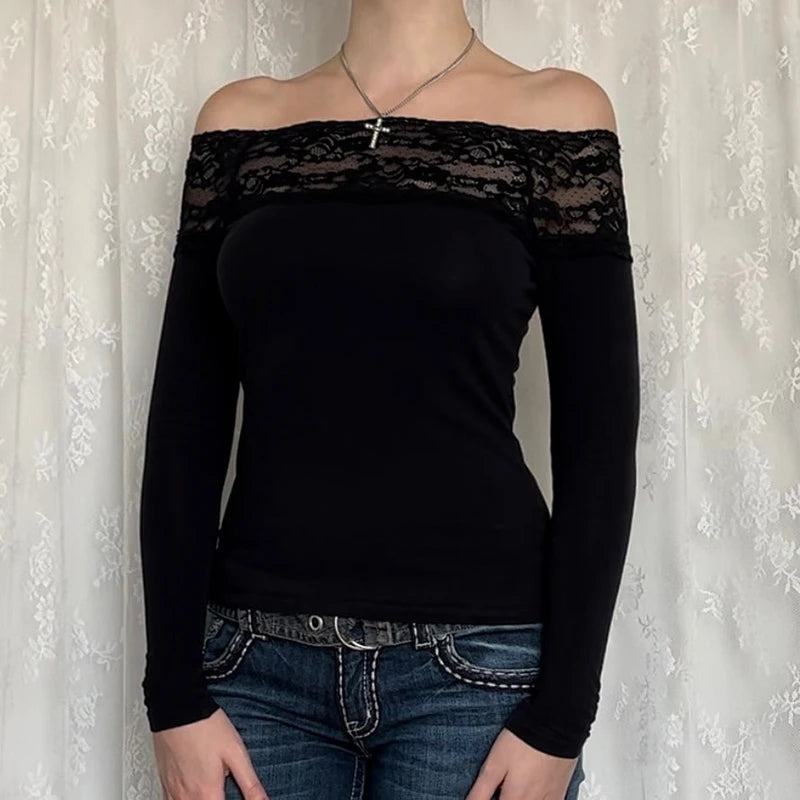 CIBBAR Black Lace Stitched Slash Neck Crop Top Elegant Sexy Skinny