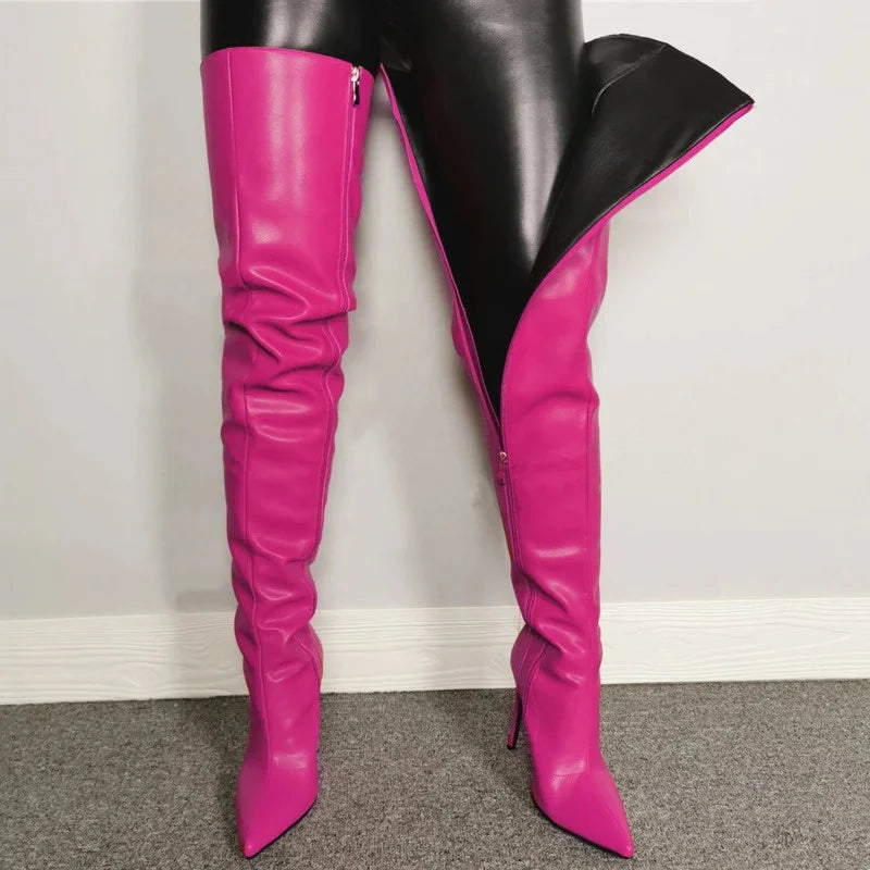 Big Size 40-46 High Heels Women's Over-the-knee Boots Pu Leather Stiletto Knee Boots Leg Boots For Girls