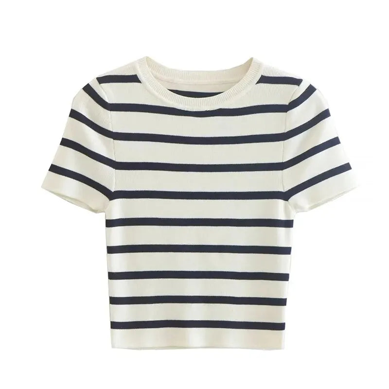 Vintage Women Y2K Stripped Cropped T-shirts for Girls Slim Knitted