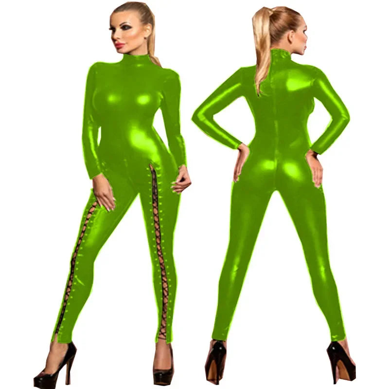 2024 Sexy Hot Women Faux Leather Catsuit Shiny PU Bodysuit Clubwear Bodycon lace-up long jumpsuit Party Club Rompers jumpsuit