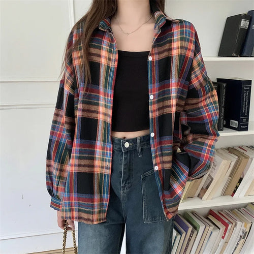 Plaid Shirt Women Autumn Long Sleeve Top Female Vintage Fashion Single