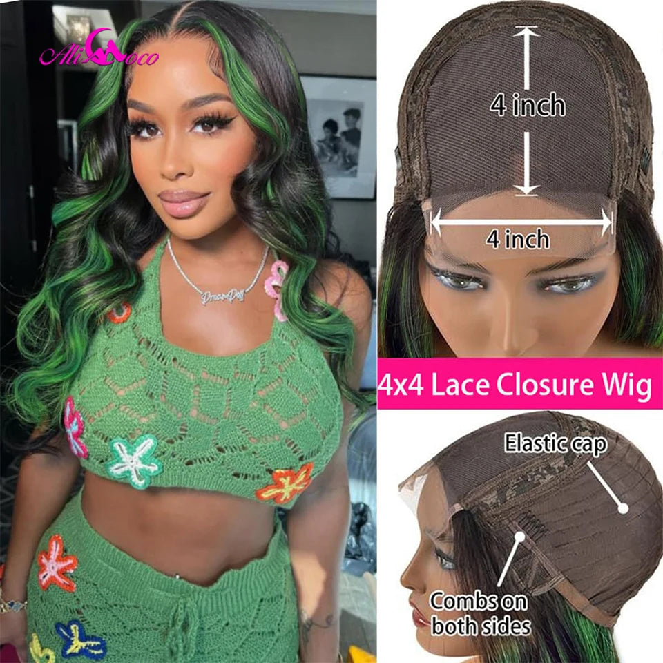 Highlight Green Lace Front Human Hair Wig Green Body Wave Lace Front Wig For Women Black and Green Highlight Wig 150% Density