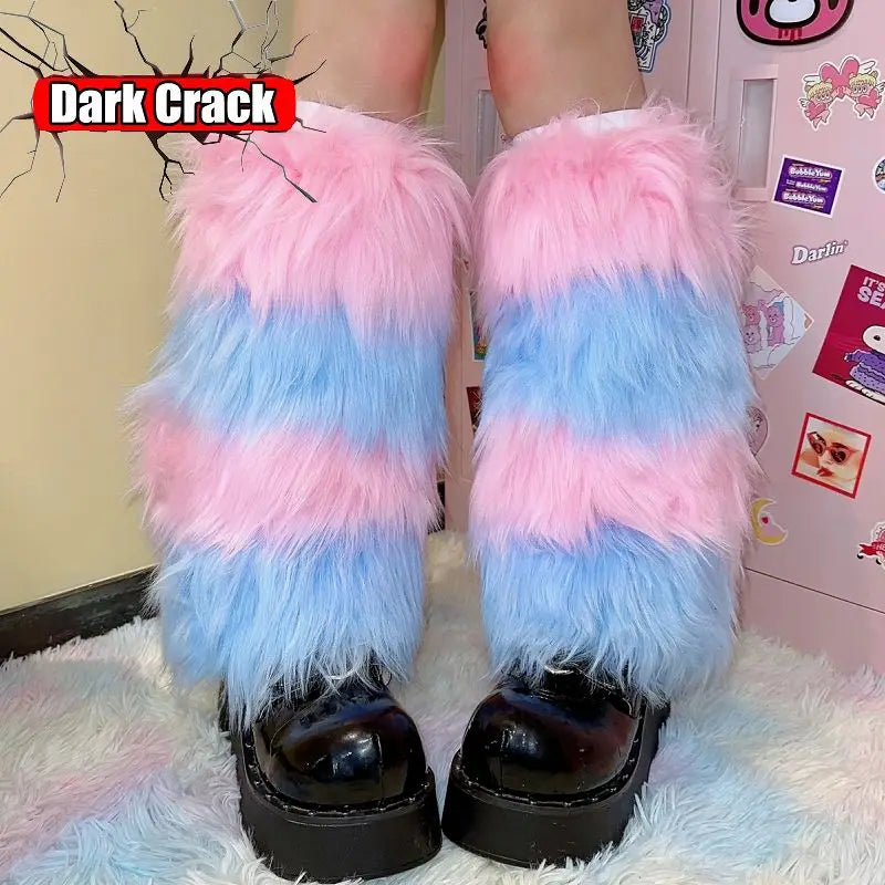 Gothic Women's Y2k Harajuku Punk Lolita Girls Subcultural Striped Contrasting Fur Insulation Faux Furry Socks Legs Warms covers