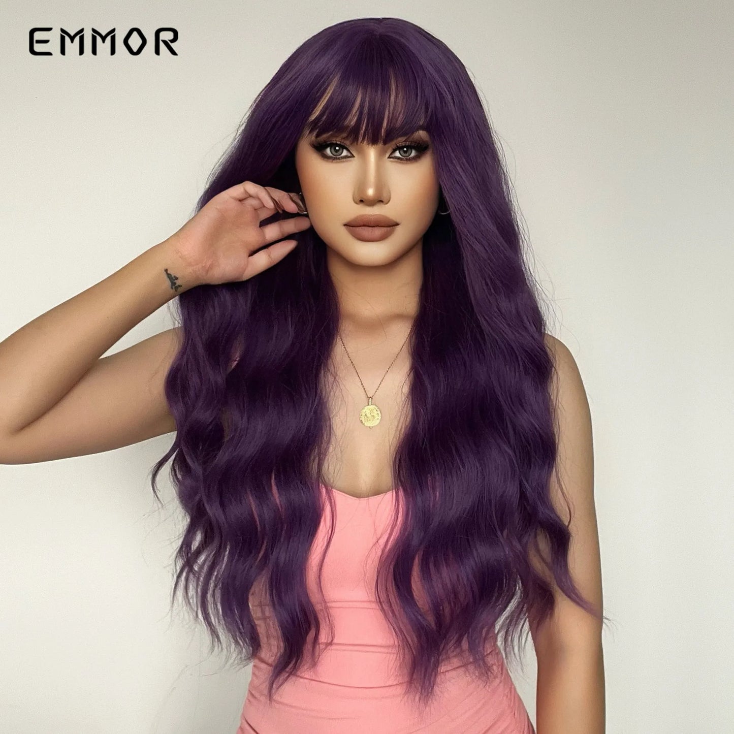 Emmor Synthetic Long Ombre Black to purple Wigs for Women with Bangs Long Wavy Wig Party Daily Heat Resistant Fibre Hair Wigs