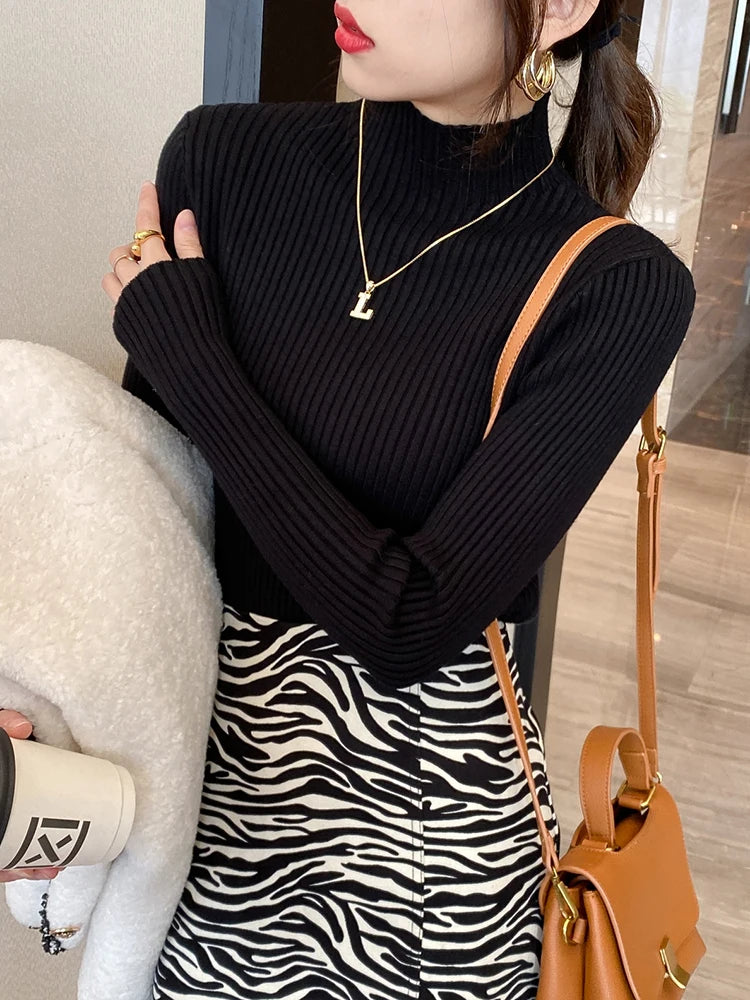 Elegant Solid Basic Knitted Tops Women Turtlneck Sweater Long Sleeve