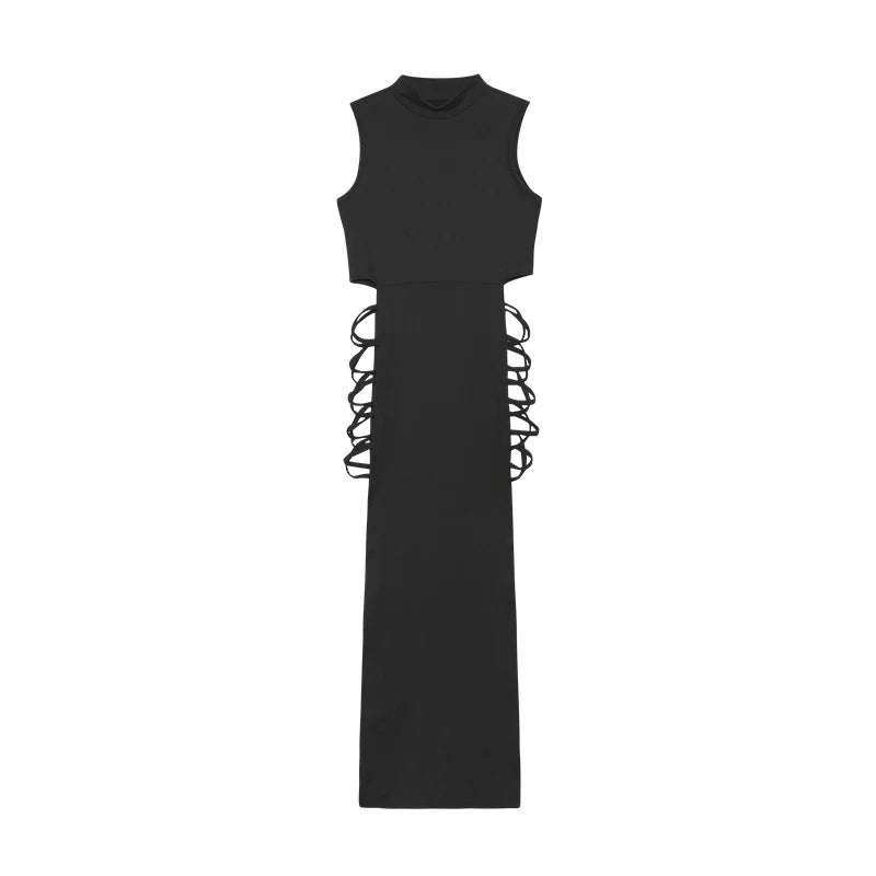 Criss Cross Cut Out Dress, Sexy Bodycon Mock Neck Sleeveless Dress,