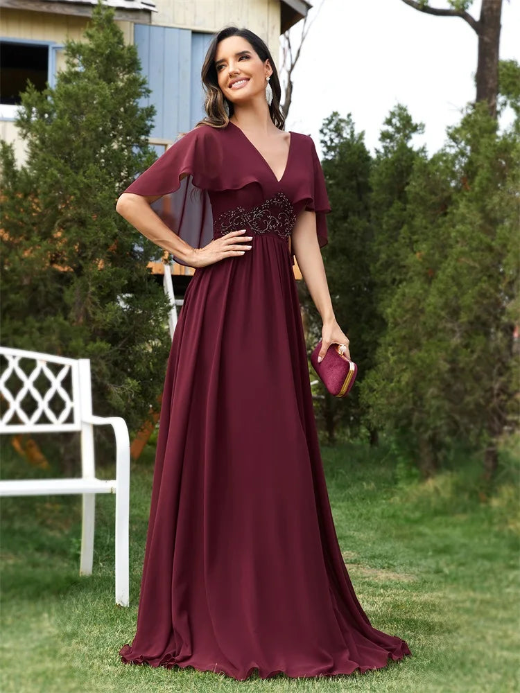 Lucyinlove Elegant Chiffon Short sleeve Formal Evening Dresses Long 2024 Luxury Women Bridesmaid Party Dress Cocktail Prom Gowns