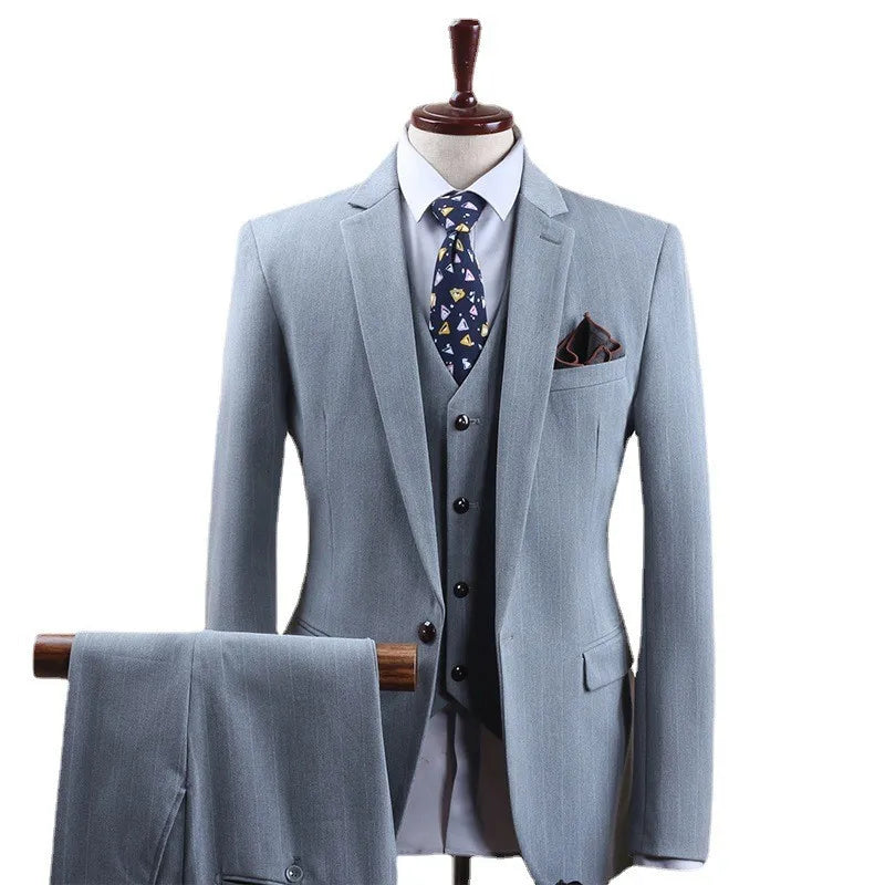 S-7XL Stripe Business Casual 3Pcs Mens Luxury Wedding Gentleman Formal Slim Fitting Suit Male Classic Simple Light Grey Blazers